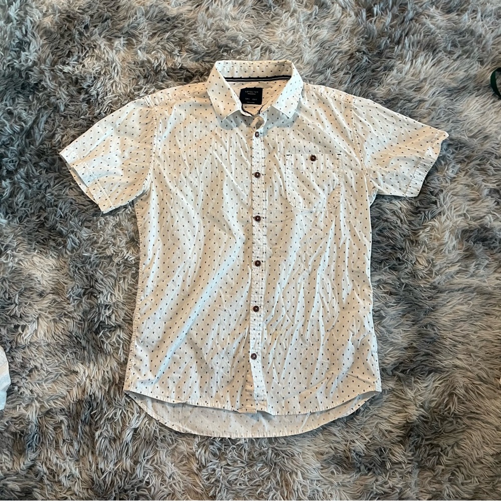 100% Cotton White Polka Dot Short Sleeve Button Down Dress‎ Shirt-Size Men’s S
